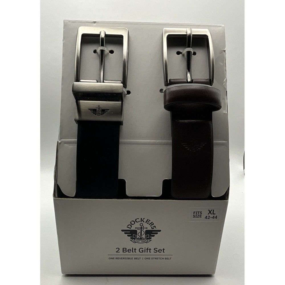 Men New Dockers Black & Brown 2 Piece Belts Gift‎ Set Size XL